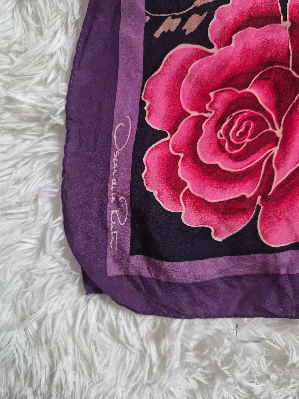 Womens Vintage Silk Scarf Oscar De La Renta Designer Purple Black Floral Print ✨